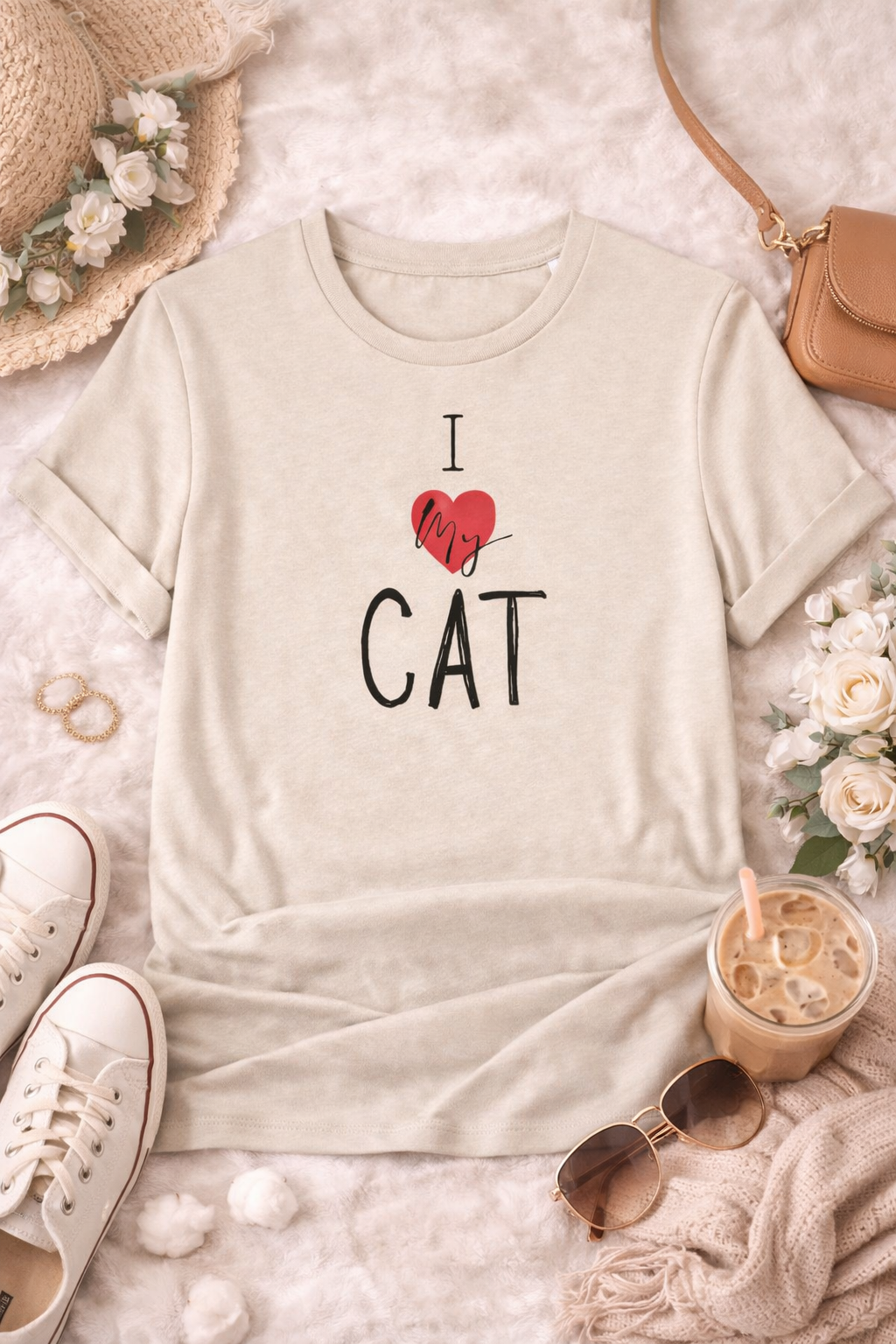 Beige t-shirt with I love my CAT' text surrounded by casual items on a soft surface.