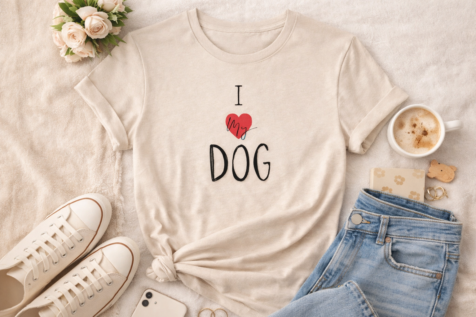 Beige t-shirt with 'I love my DOG' text featuring a love heart 
