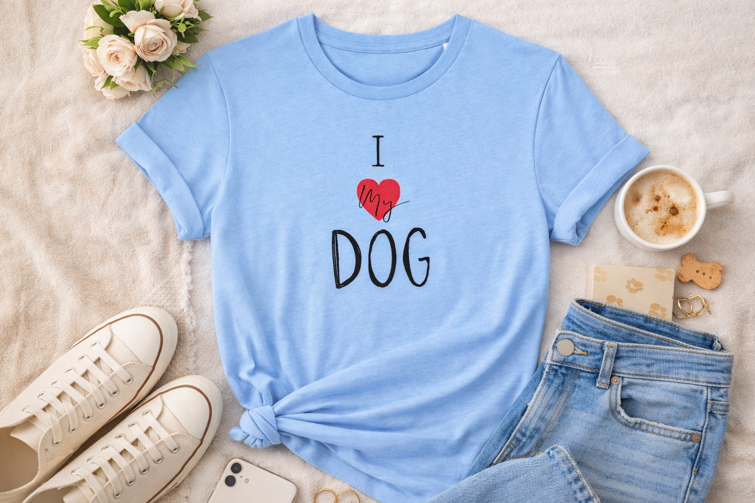 Organic cotton blue I love my dog tshirt featuring a love heart 
