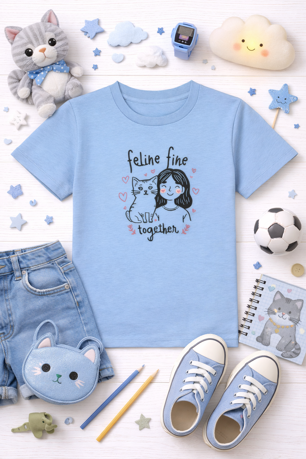 Blue t-shirt with a cat-themed design, surrounded by cat-themed accessories on a white background.