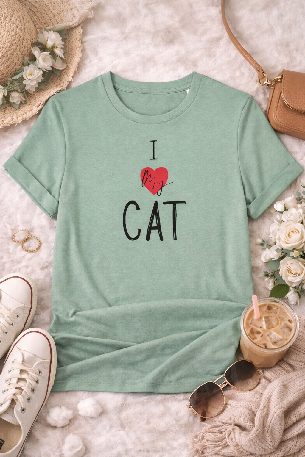 Mint green t-shirt with 'I love cat' text on a soft surface with accessories.