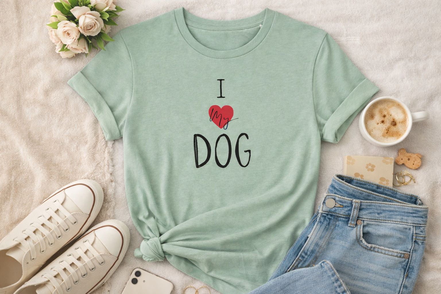 Organic cotton green I love my dog tshirt with love heart 