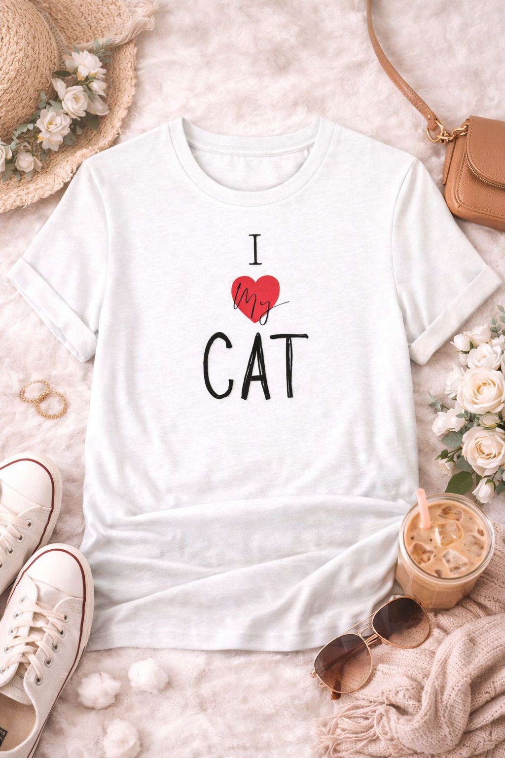 White t-shirt with 'I love cat' text on a soft surface with accessories.