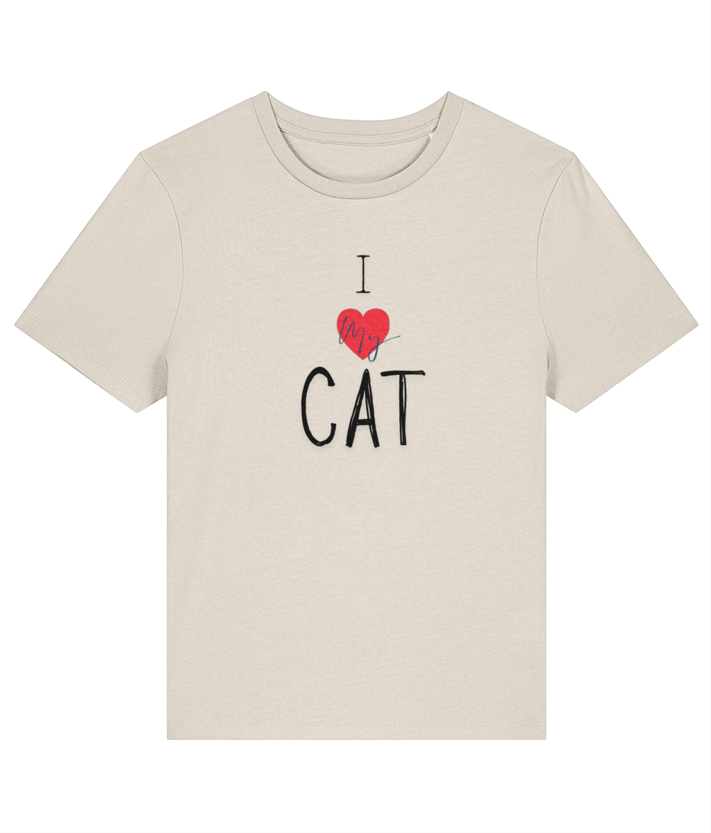 Beige t-shirt with I love my cat text on a white background