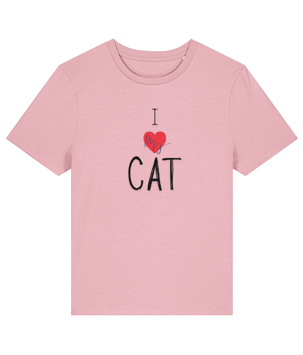 Pink t-shirt with I love my cat text on a white background