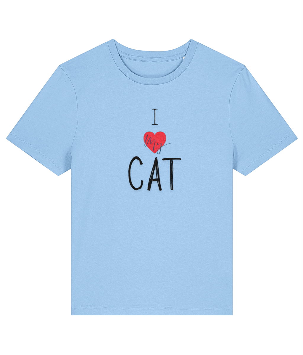 Light blue t-shirt with I love my cat text on a white background