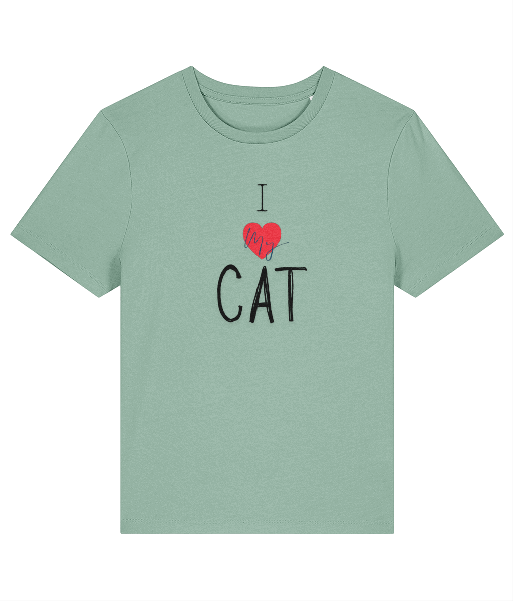 Green t-shirt with I love my cat text on a white background