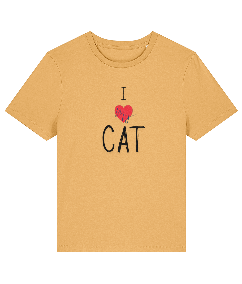 Mustard yellow t-shirt with I love my cat text on a white background