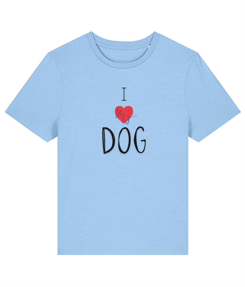 Blue Organic Cotton I love my dog tshirt featuring a love heart 