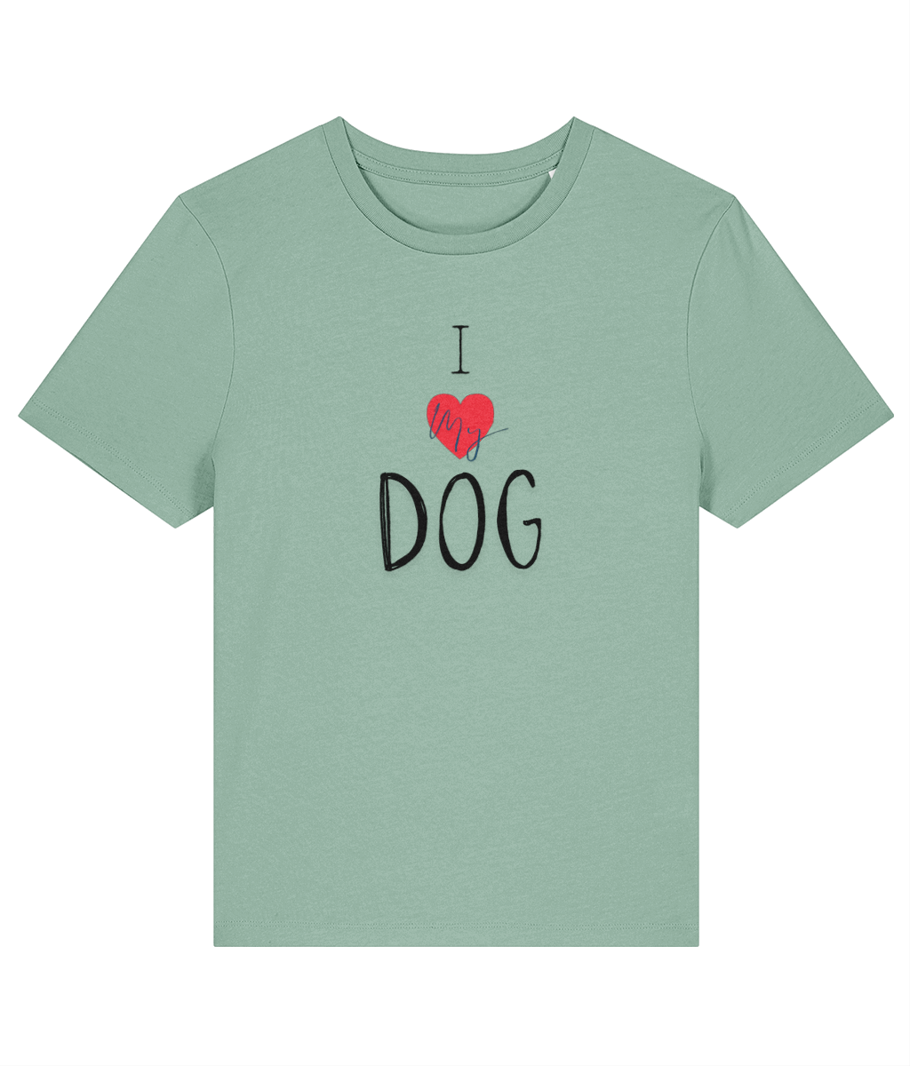 Green organic cotton I love my dog tshirt featuring a love heart