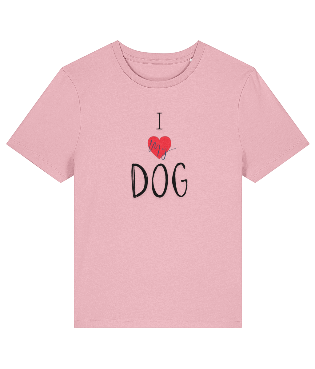Organic cotton pink I love my dog tshirt featuring a love heart 