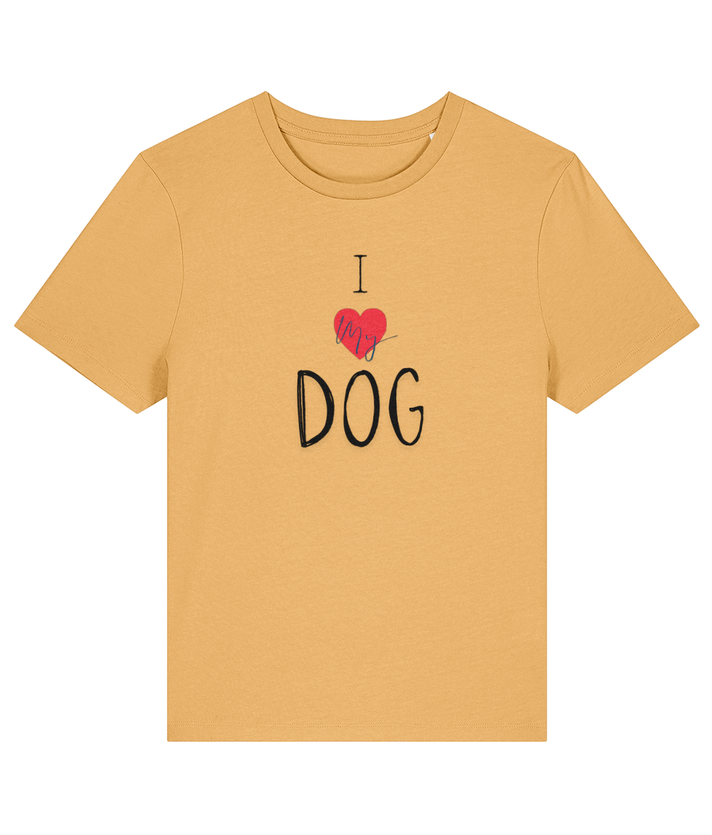 Organic Cotton I love my dog tshirt in yellow featuring a love heart