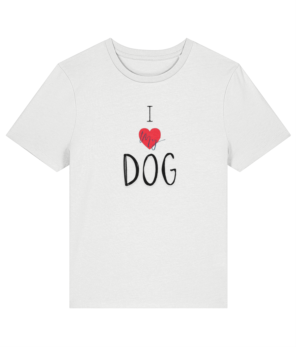 White t-shirt with 'I ❤️ DOG' text on a white background