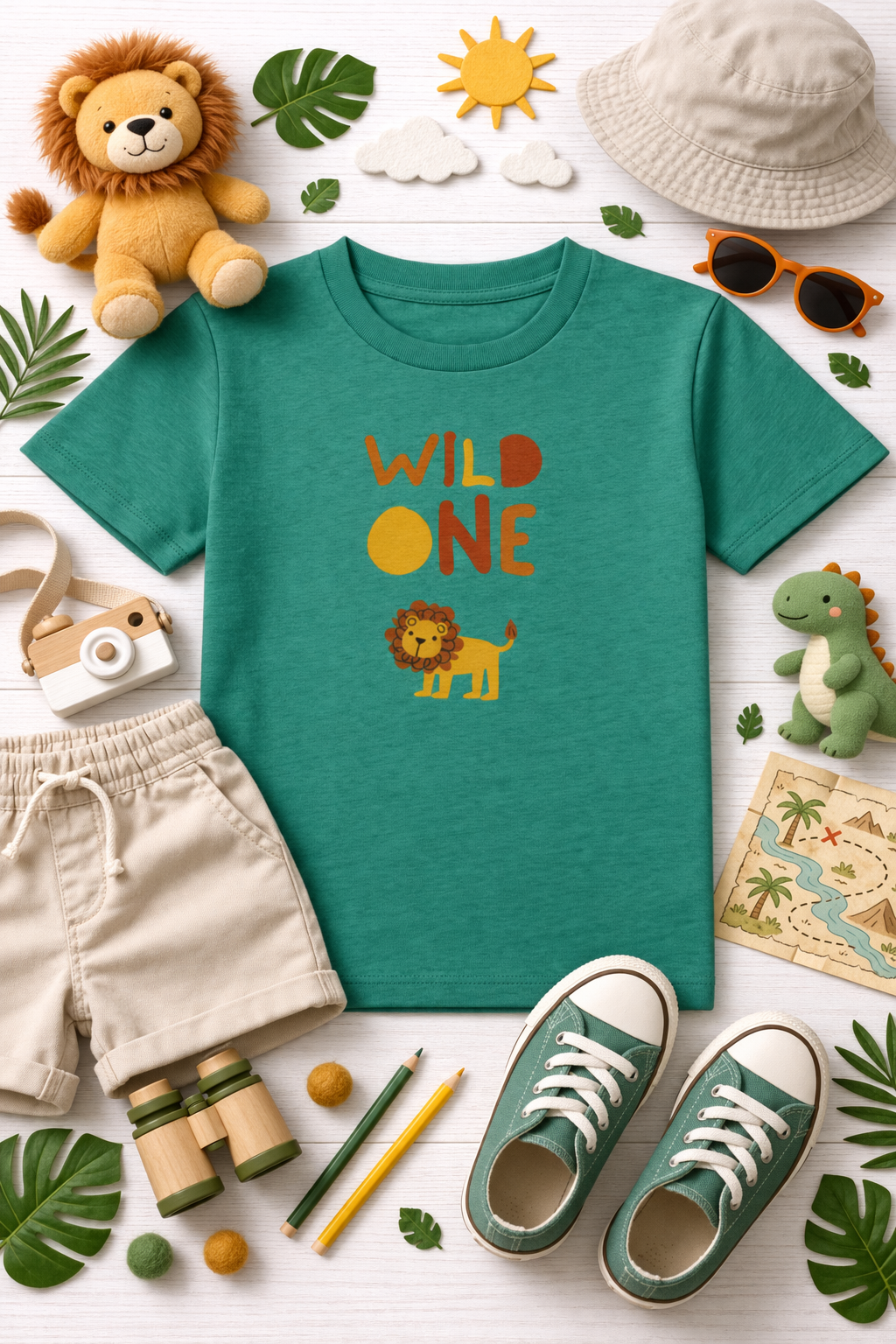 Green t-shirt with 'Wild One' and lion design, surrounded by children's accessories on a white background.