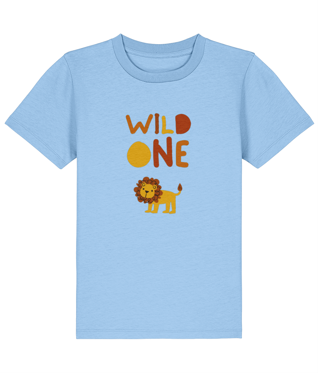 Light blue t-shirt with 'Wild One' and lion graphic on a white background