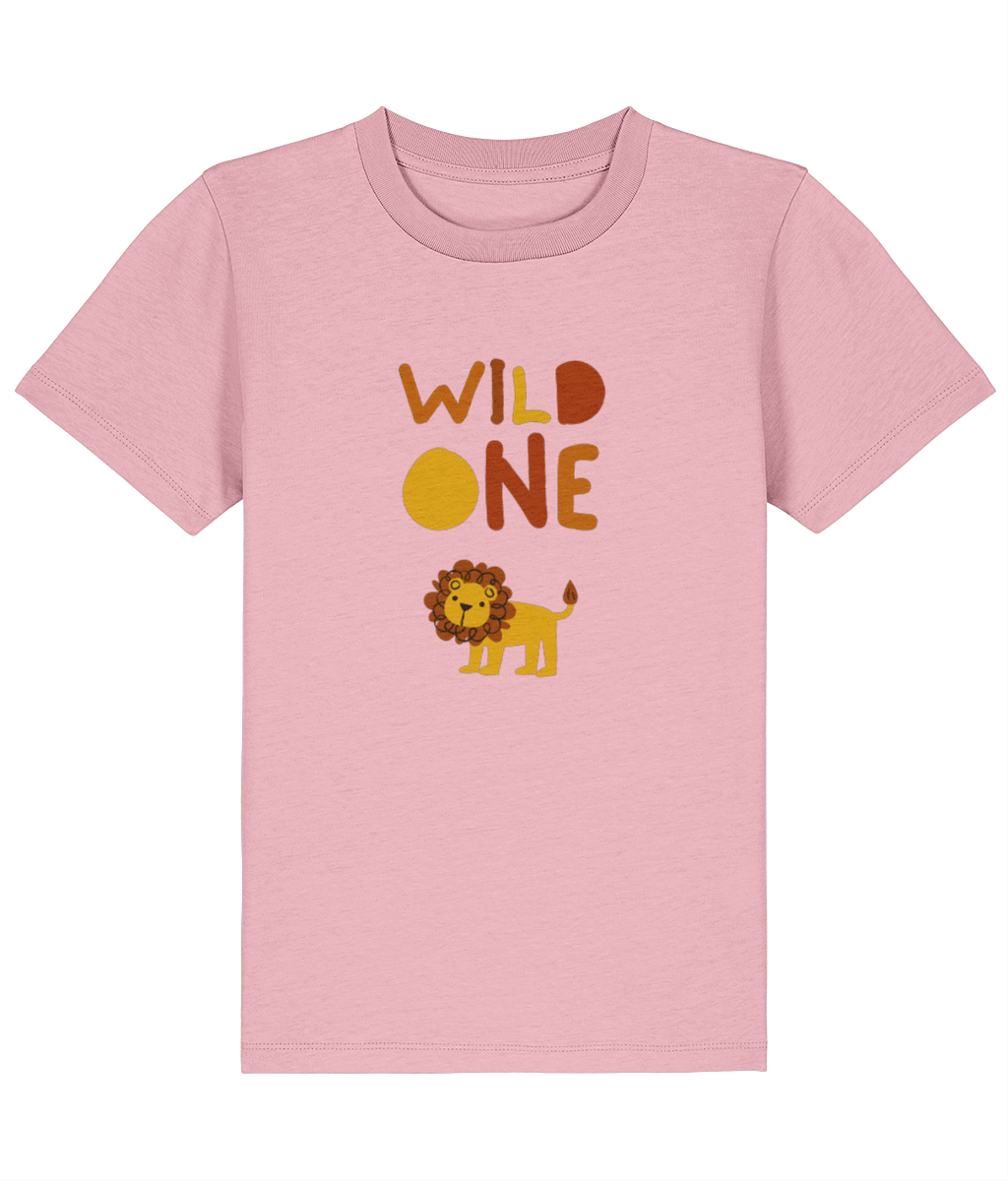 Pink t-shirt with 'Wild One' and lion graphic on a white background
