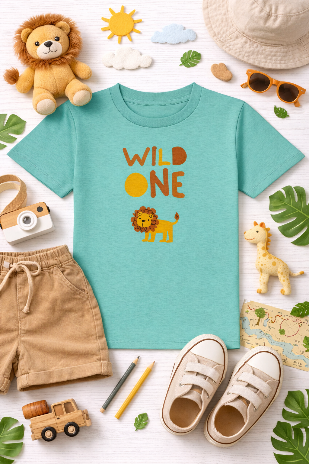 Children's t-shirt with 'Wild One' design, shorts, shoes, and toys on a white background