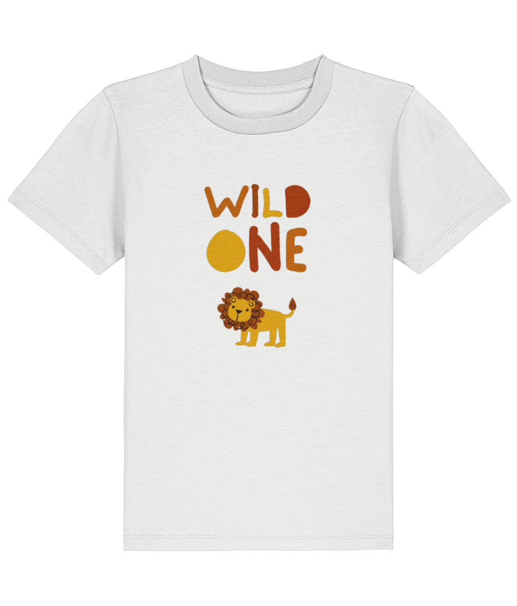 White t-shirt with 'Wild One' and lion graphic on a white background