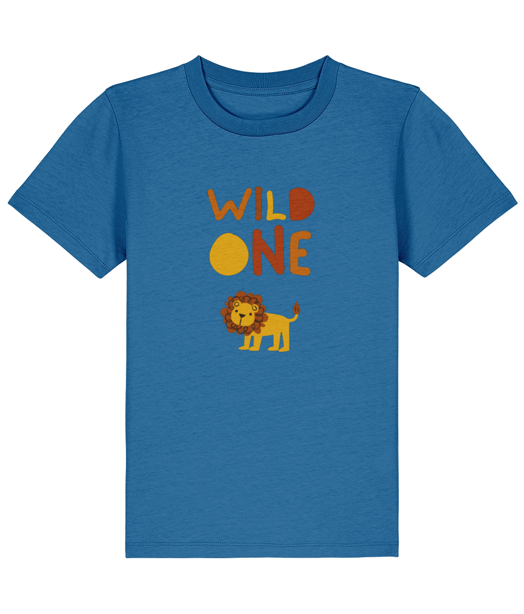 Blue t-shirt with 'Wild One' and lion graphic on a white background