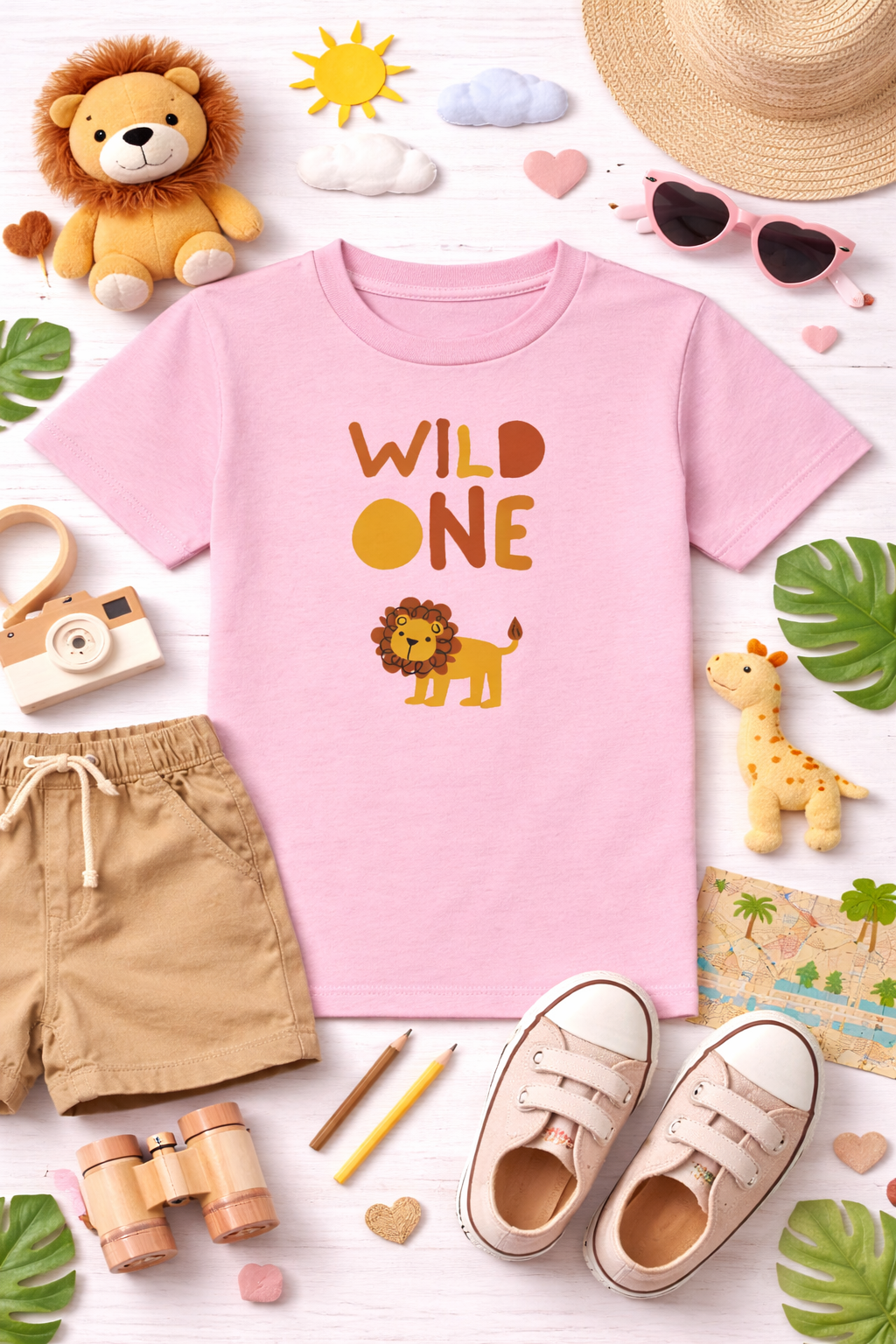 Pink t-shirt with 'Wild One' design, surrounded by children's accessories on a white background