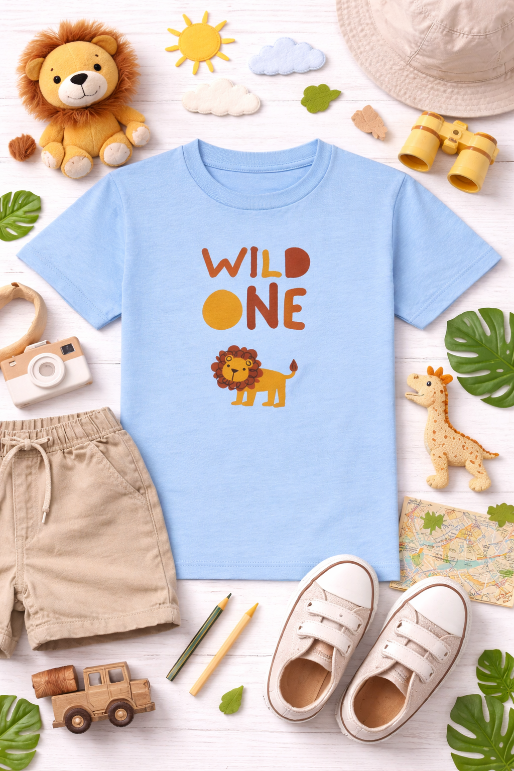 Children's blue t-shirt with 'Wild One' design, surrounded by toys and accessories on a white background