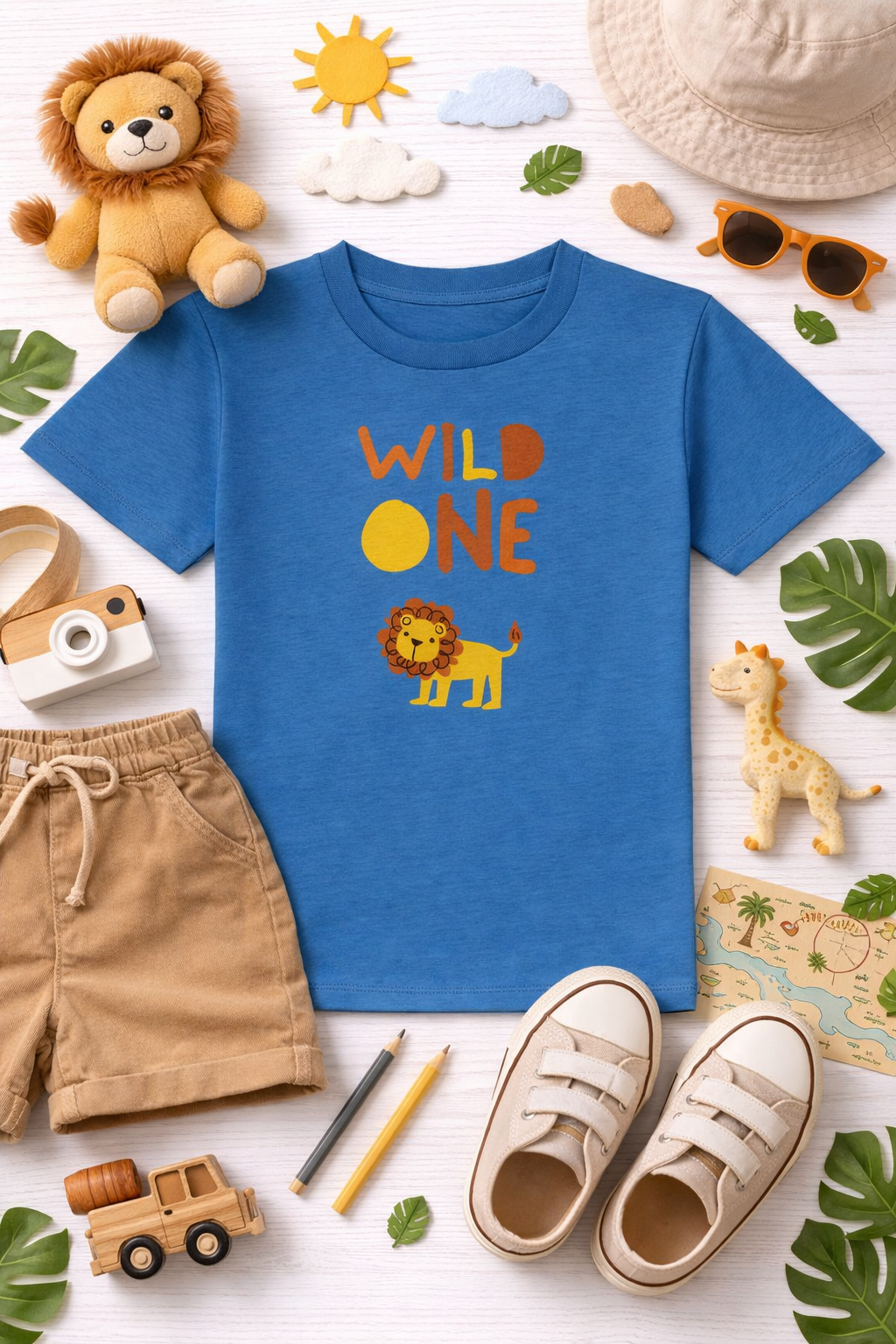 Blue t-shirt with 'Wild One' and lion graphic, surrounded by toys and accessories on a white background