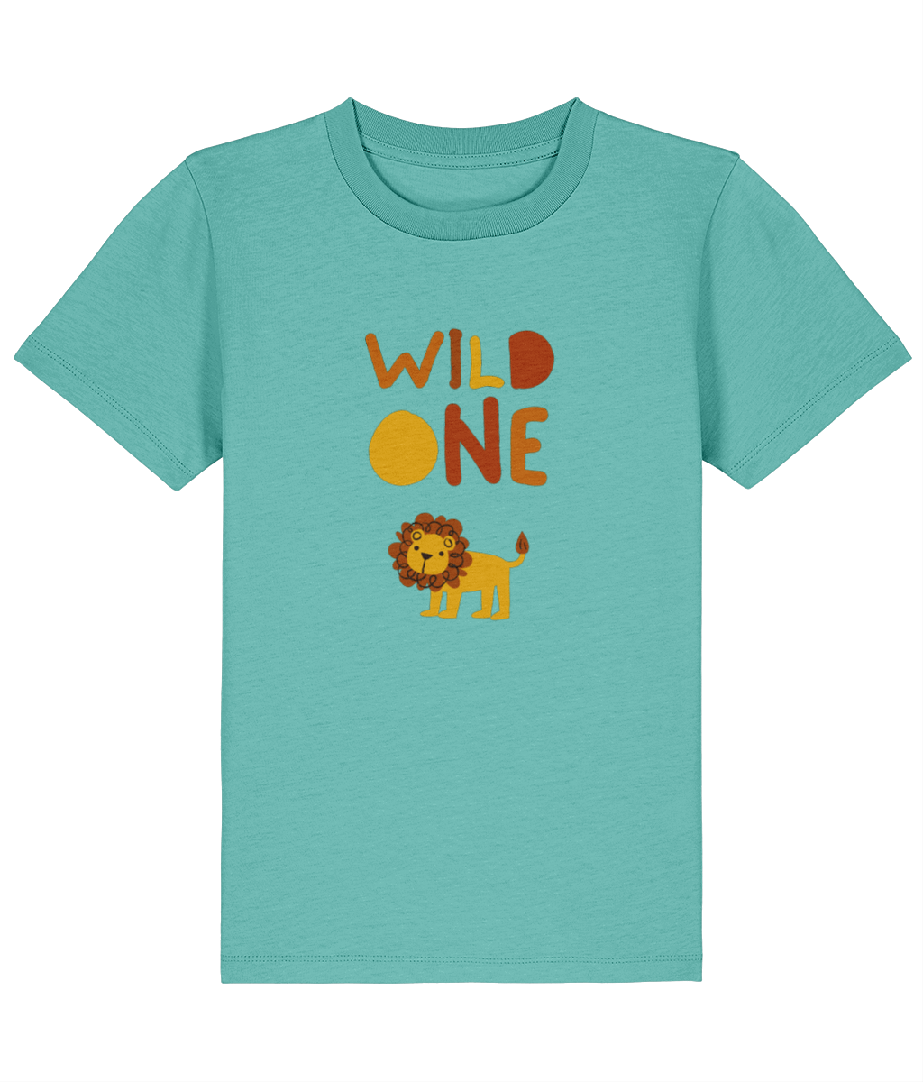Teal t-shirt with 'Wild One' and lion graphic on a white background