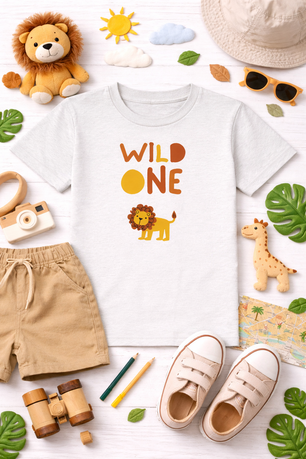 White t-shirt with 'Wild One' design surrounded by children's accessories on a white background