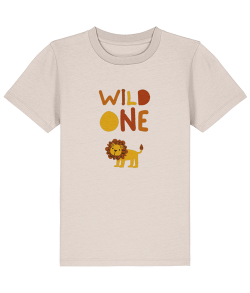 Beige t-shirt with 'Wild One' and lion graphic on a white background