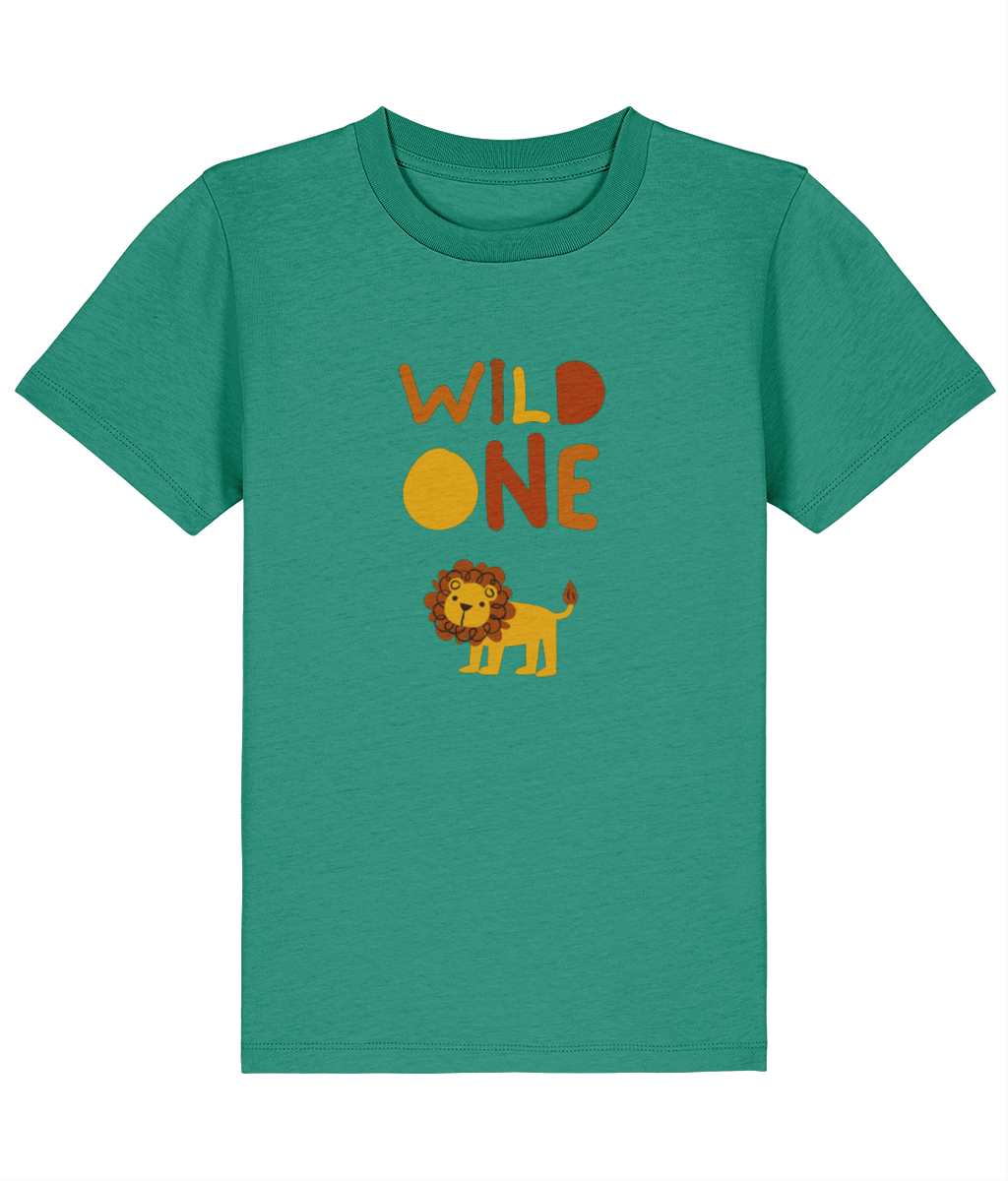 Green t-shirt with 'Wild One' and lion graphic on a white background