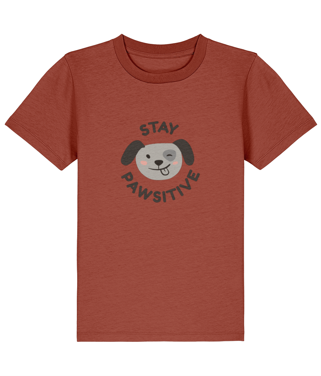 Brown t-shirt with a dog graphic and text 'Stay Pawsitive' 