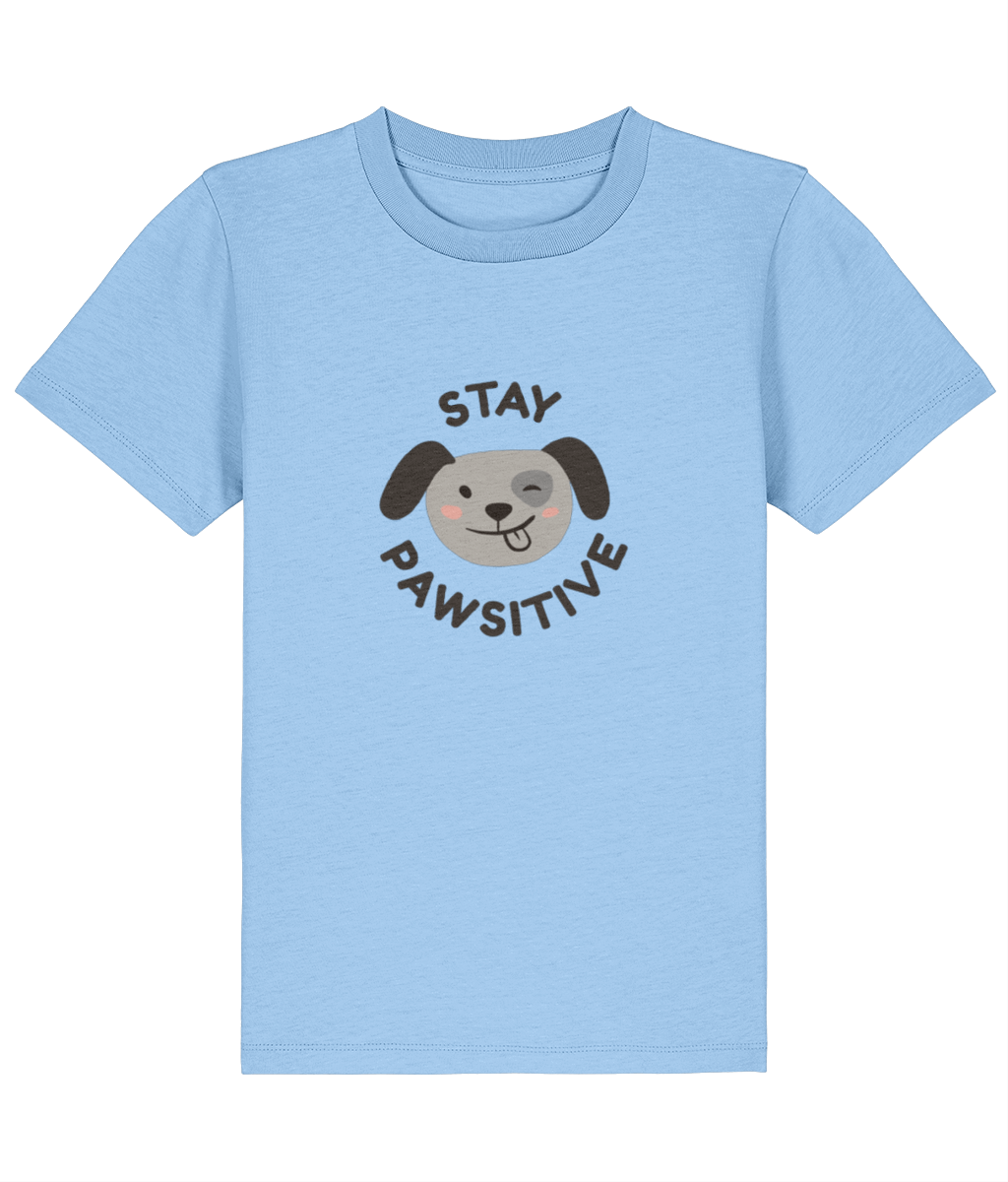 Light blue t-shirt with a dog graphic and text 'Stay Pawsitive' on a white background