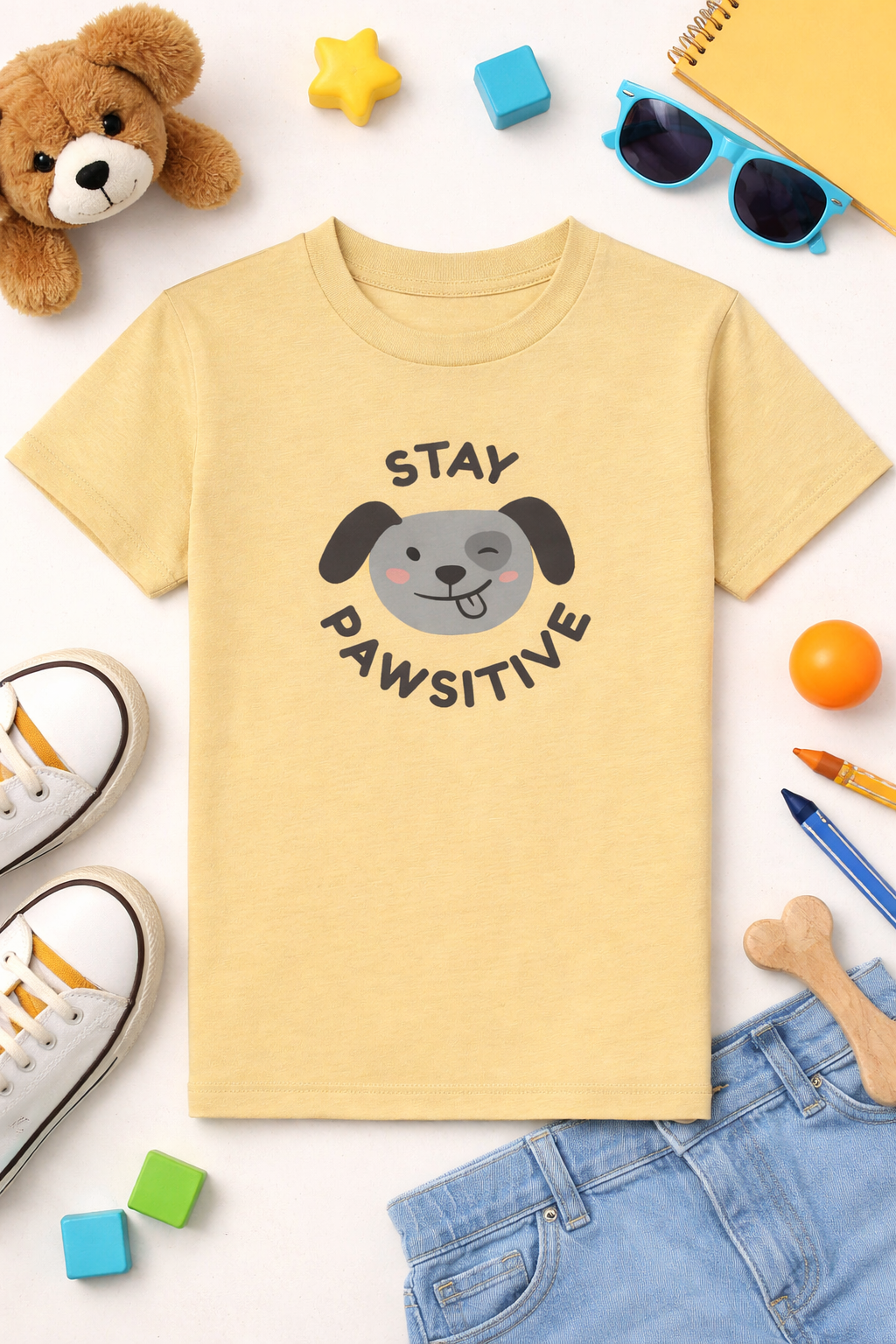 kids yellow stay pawsitive t-shirt