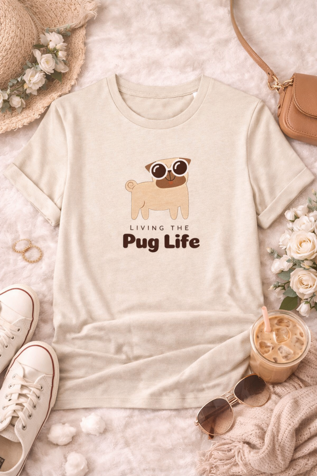 Beige t-shirt with pug graphic and 'Living the Pug Life' text on a soft surface with accessories.