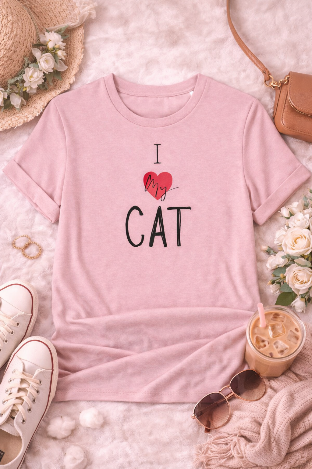 Pink t-shirt with 'I love my cat' text on a soft pink surface with accessories.