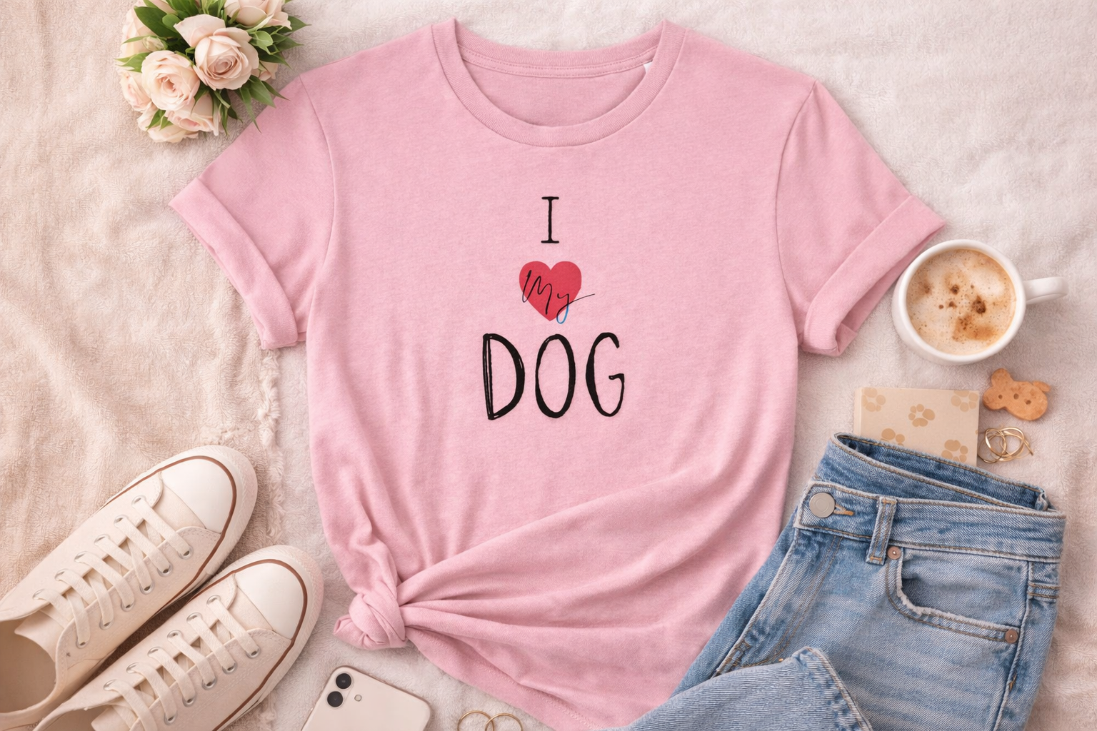Pink organic cotton I love my dog tshirt featuring a love heart 