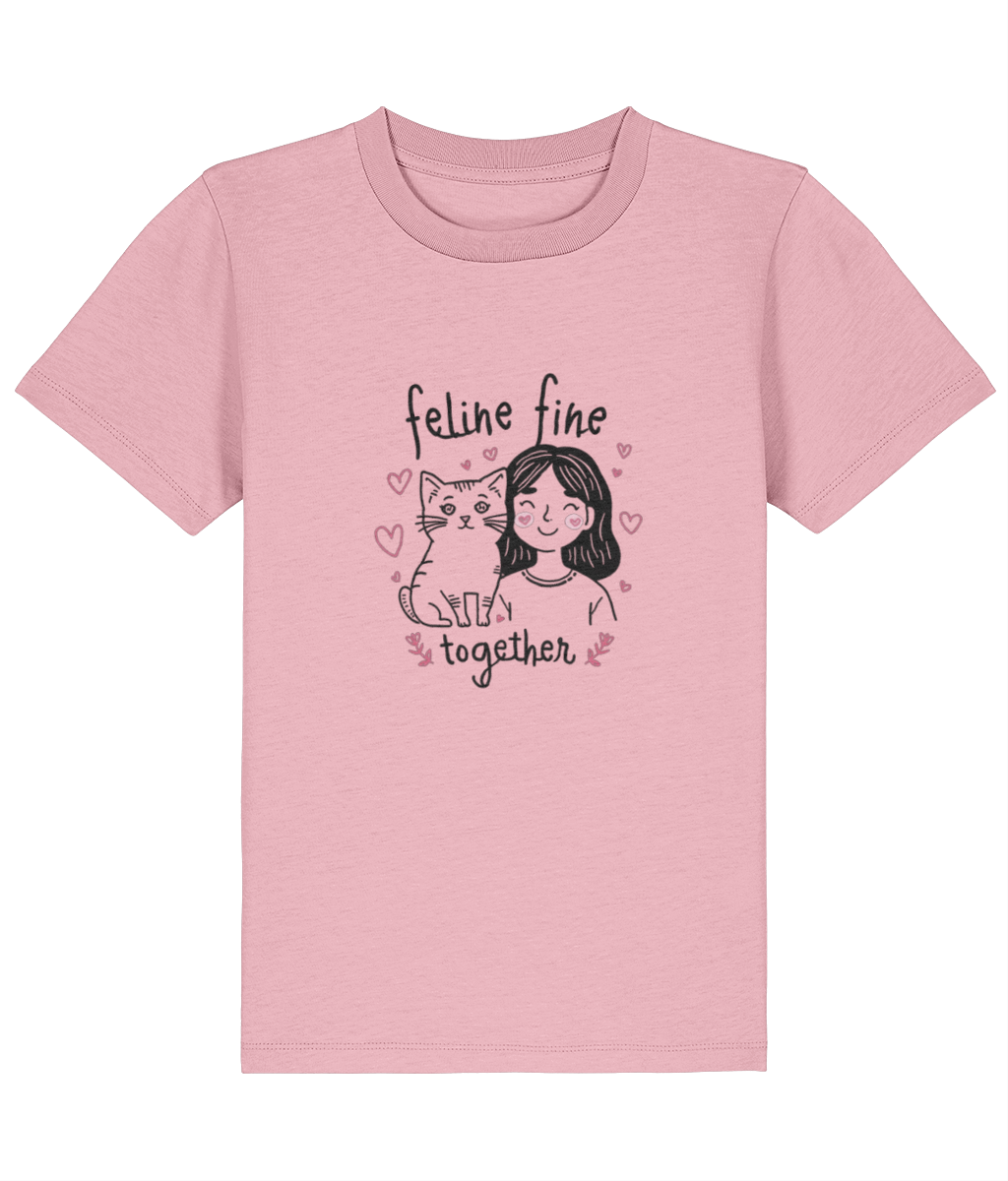 Pink t-shirt with a graphic of a woman and cat with 'feline fine together' text on a white background