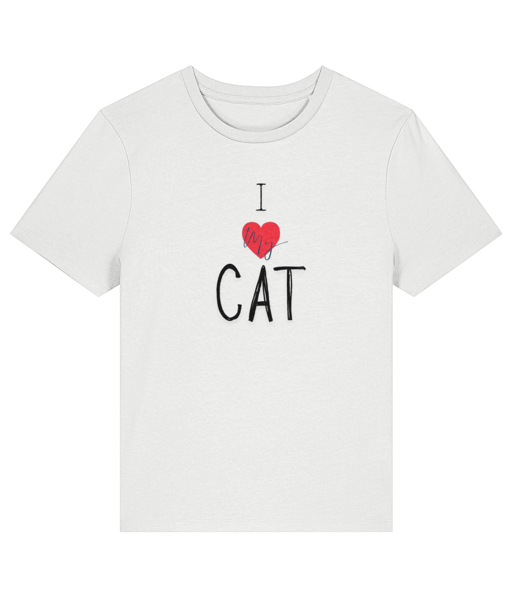White t-shirt with I love my CAT text on a white background with love heart