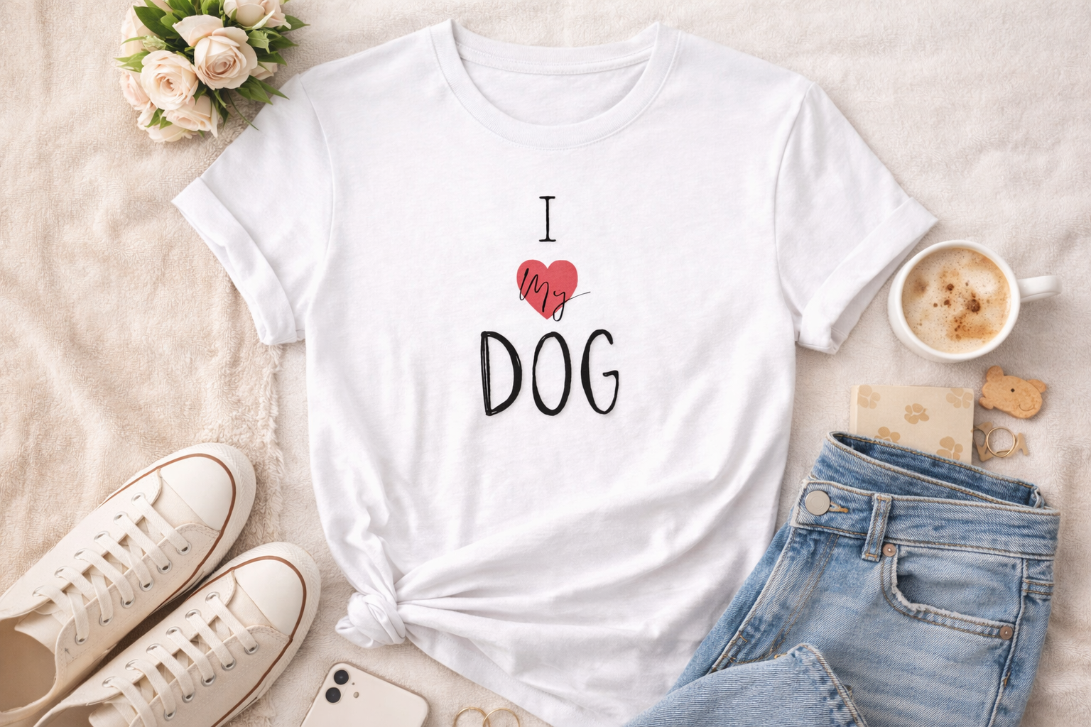 White t-shirt with I love my dog text, with suggested paired jeans and trainers