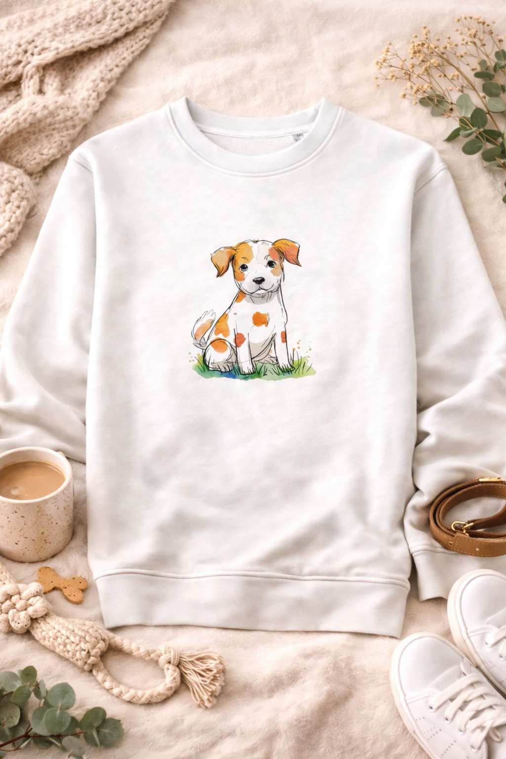 White sweatshirt with a dog graphic on a soft surface with a cup and shoes.