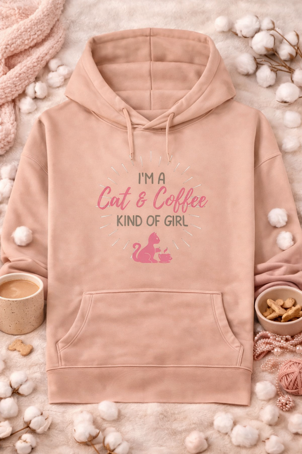 Pink hoodie with 'I'm a Cat & Coffee Kind of Girl' text and cat graphic on a soft pink background with decorative elements.
