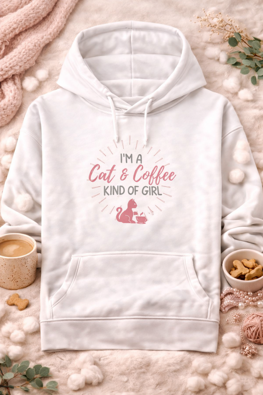 White hoodie with text and graphic on a soft, textured background with coffee and treats.