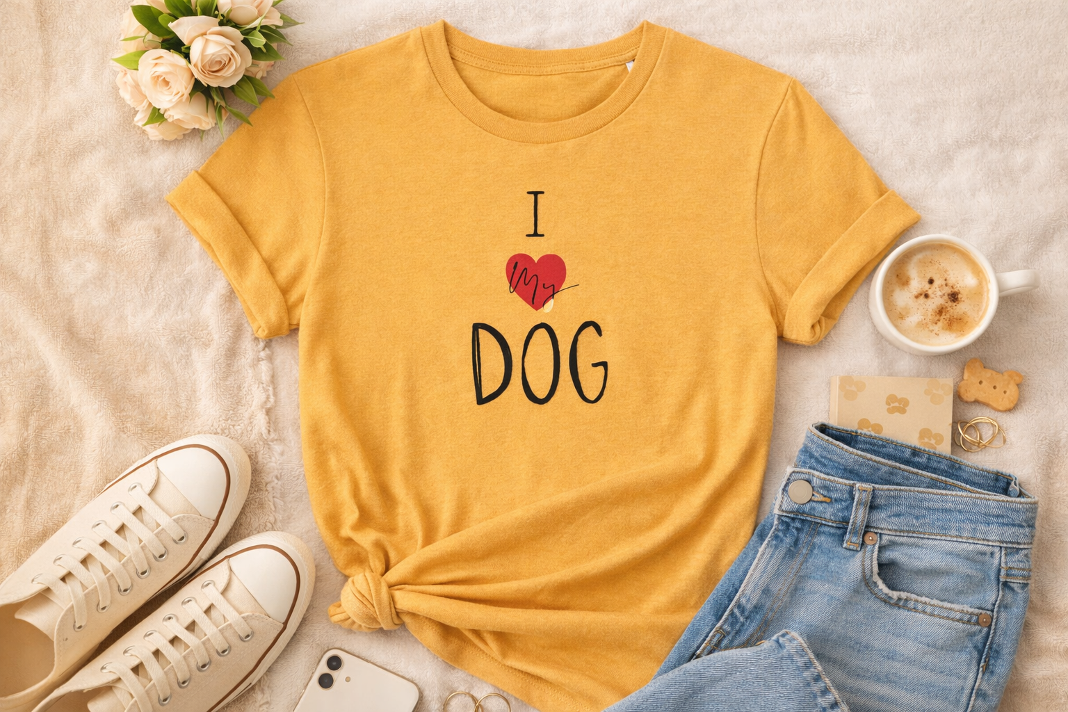 Organic cotton yellow I love my dog tshirt featuring a love heart 