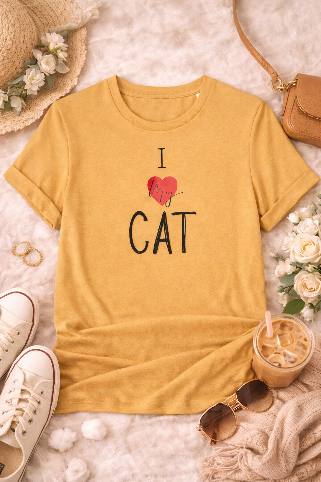 Yellow t-shirt with I love my cat text on a textured surface with accessories.