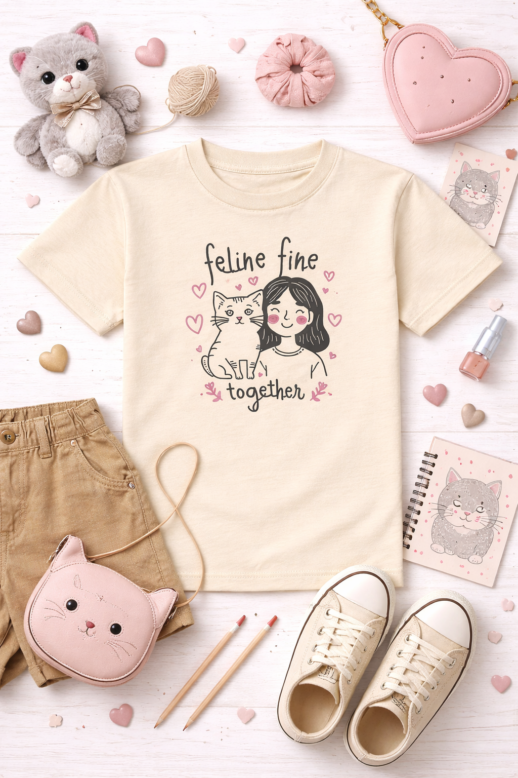 Beige t-shirt with a graphic design of a girl and cat, surrounded by cute accessories on a light wooden surface.