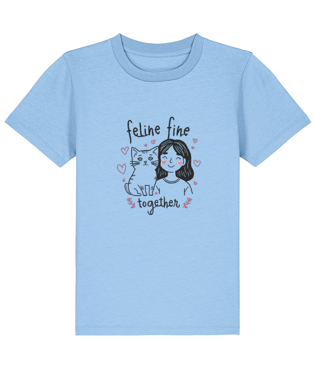 Light blue t-shirt with a graphic of a cat and person with text 'feline fine together' on a white background