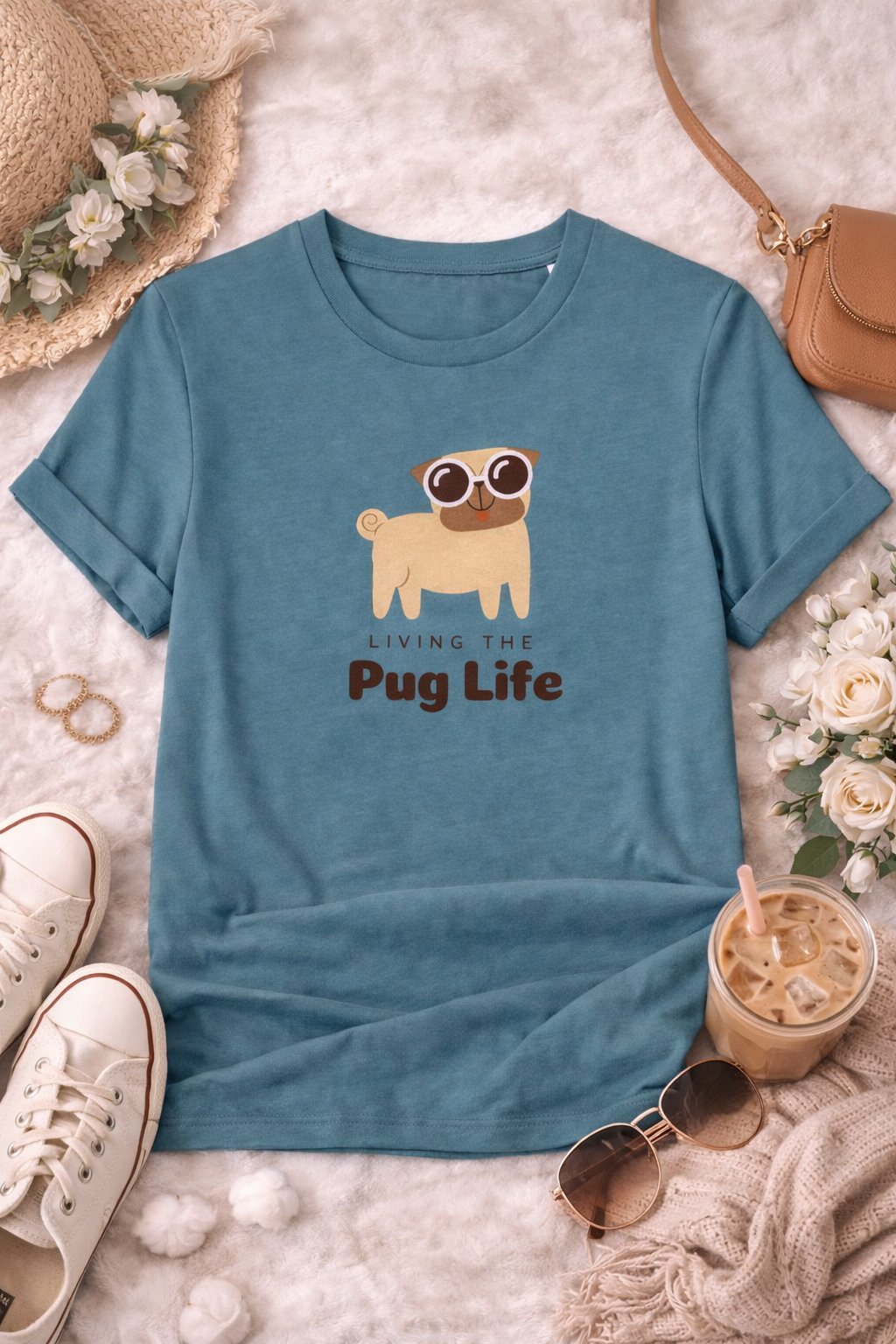 Blue t-shirt with pug graphic and text on a soft surface with accessories.