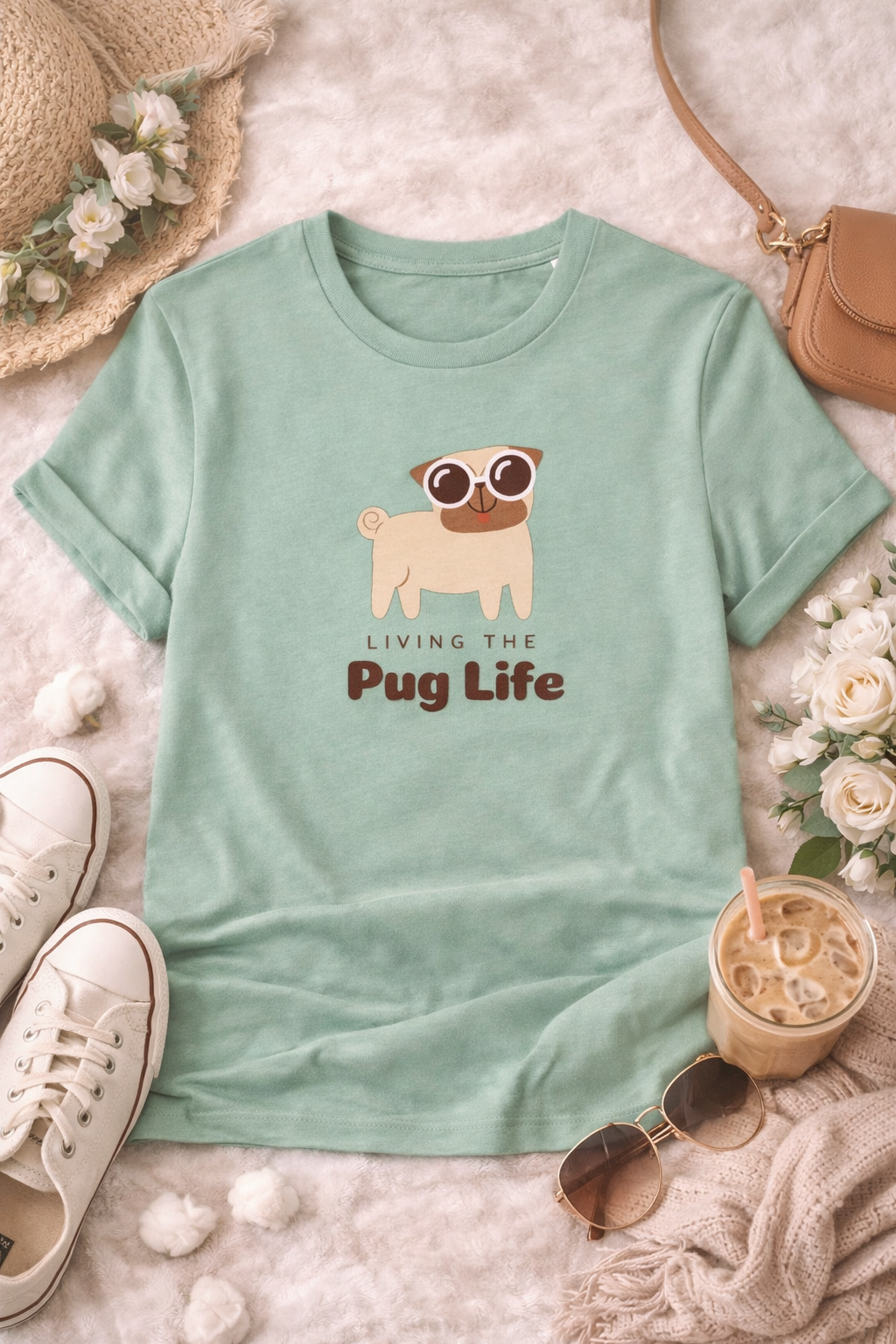Mint green t-shirt with pug graphic and 'Living the Pug Life' text on a textured surface with accessories.