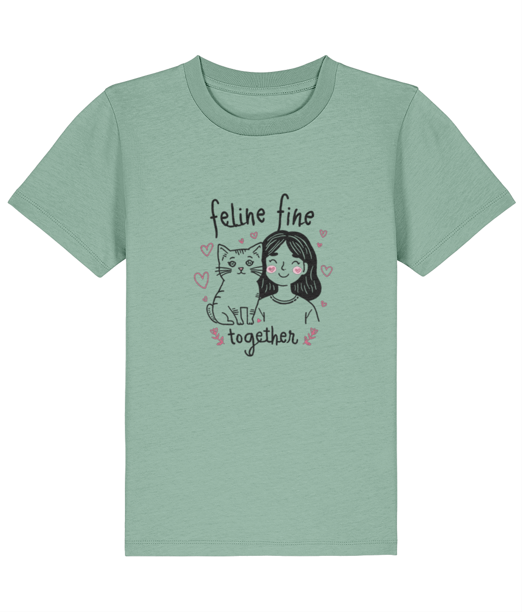 Green t-shirt with a graphic of a woman and cat with text 'feline fine together' on a white background
