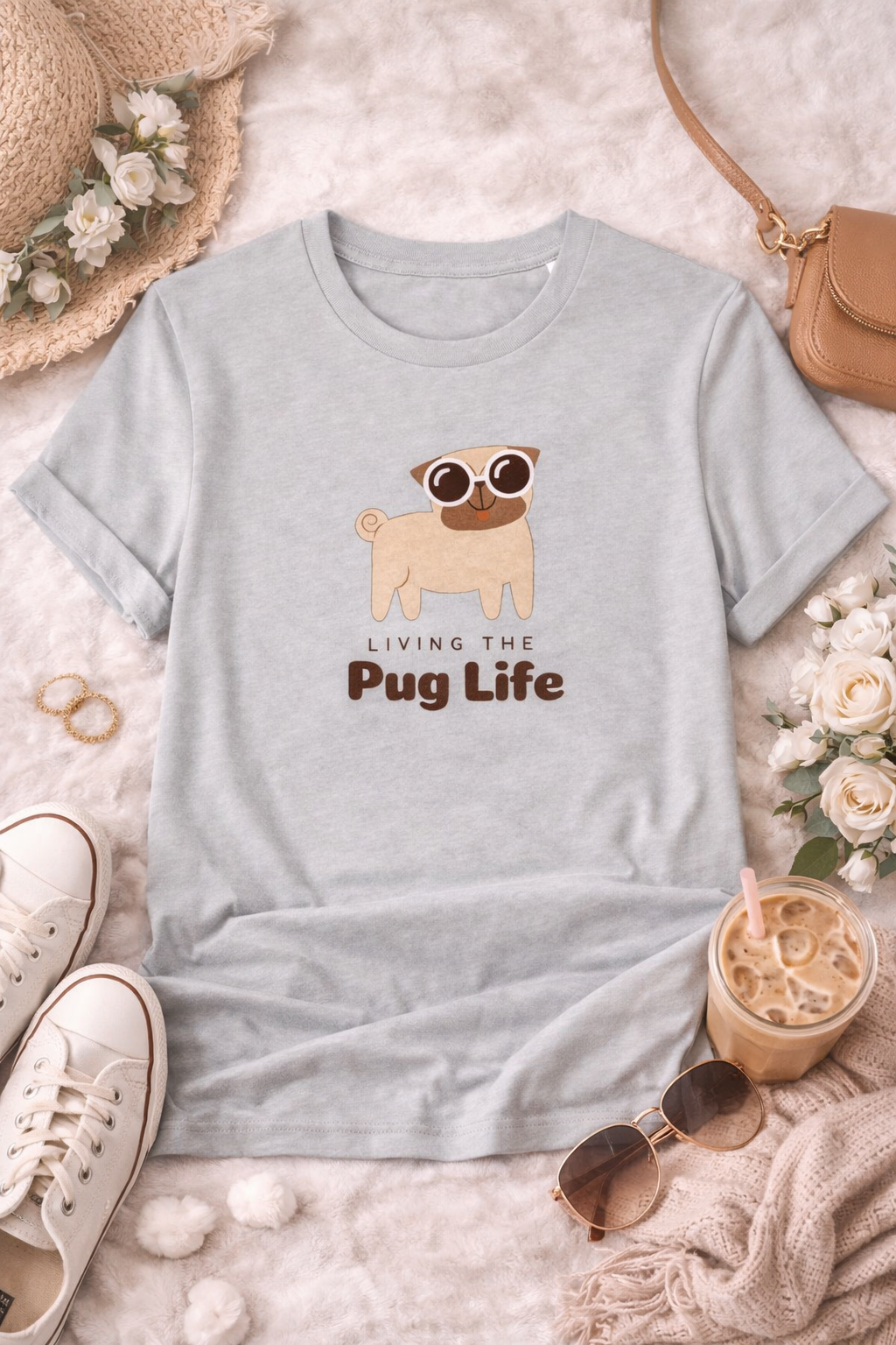 Light blue t-shirt with pug graphic and 'Living the Pug Life' text on a soft surface with accessories.